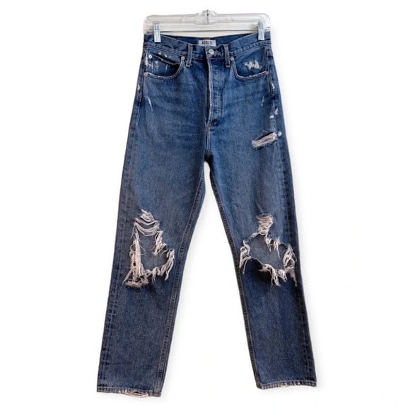 AGOLDE Distressed Medium Wash Denim Straight Leg High Waist Classic Jeans  25 - Picture 1 of 9